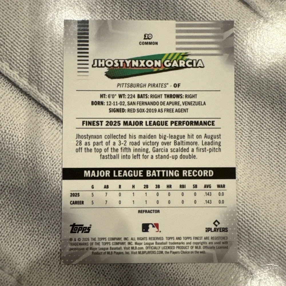 Jhostynxon Garcia 2026 Topps Finest Common #20 Rookie Refractor Pirates RC